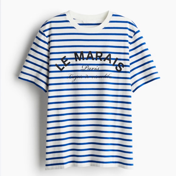 H&M Striped White and Blue Graphic Le Marais T-Shirt - Picture 1 of 8